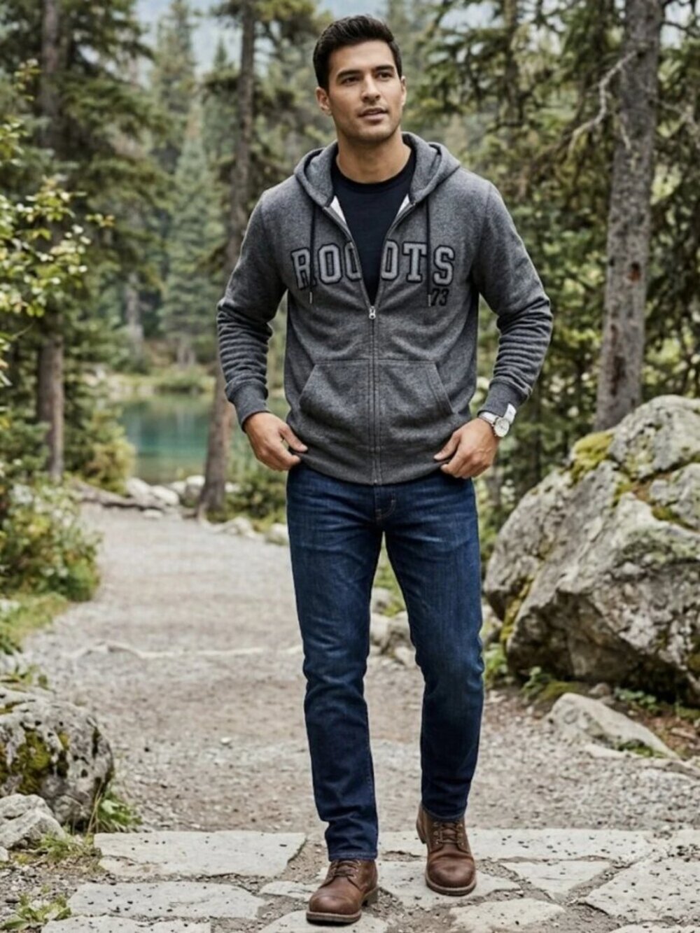 Roots Men's Cotton Blend Charcoal Grey Zip-Up Hoodie Logo Medium Unisex Fashion